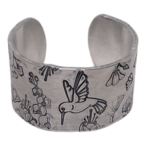Handmade 9 stamped hummingbird floral hypoallergenic silver wide cuff‎ ring
